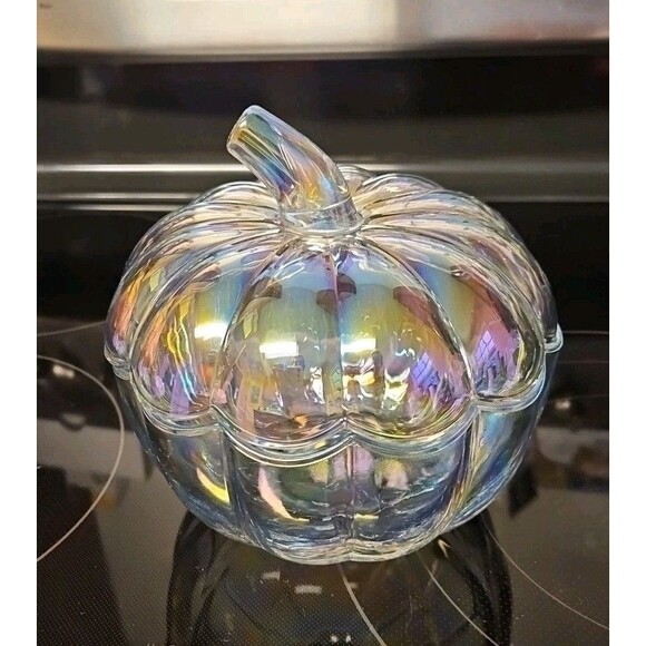 Beautiful Irridescent Heavy Glass Pumpkin Candy Display Bowl 7” X 7” - Picture 3 of 9